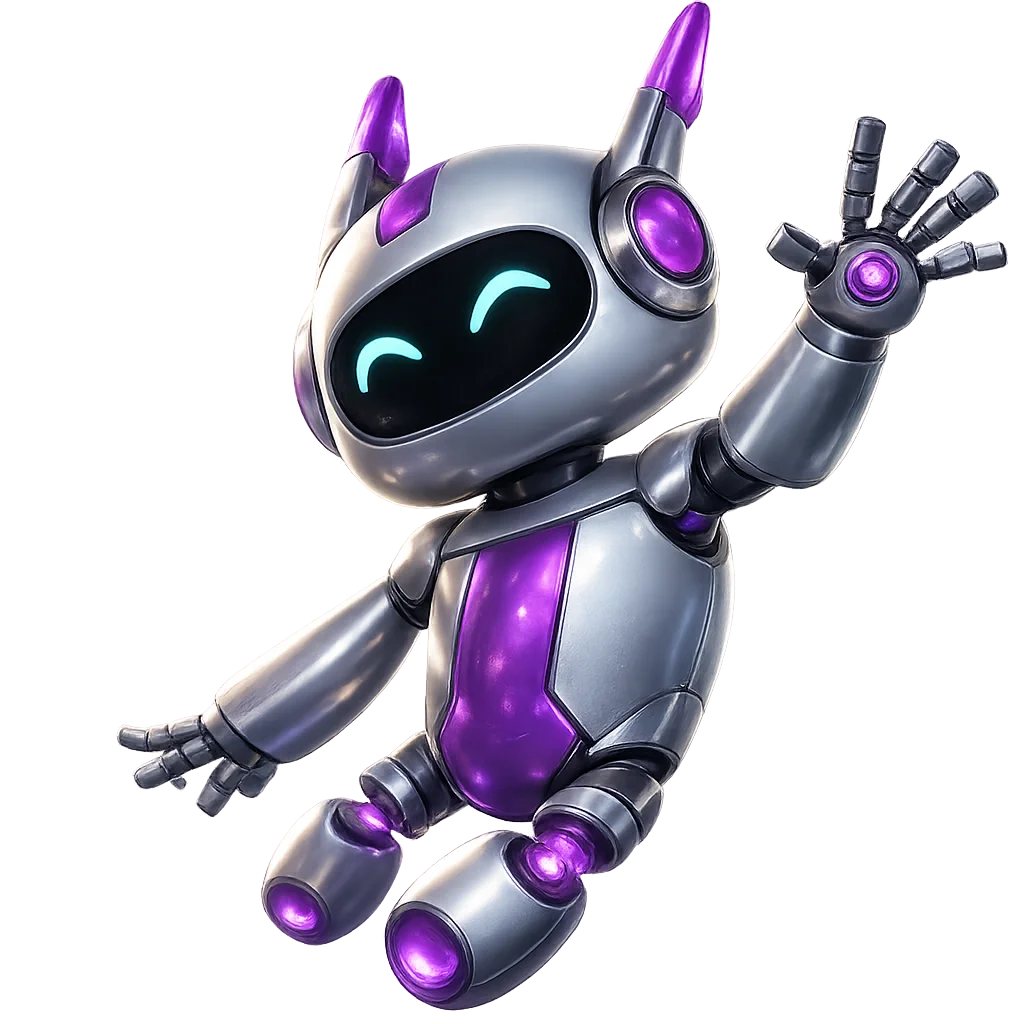 Aero, the official silver and purple Homies robot, waving