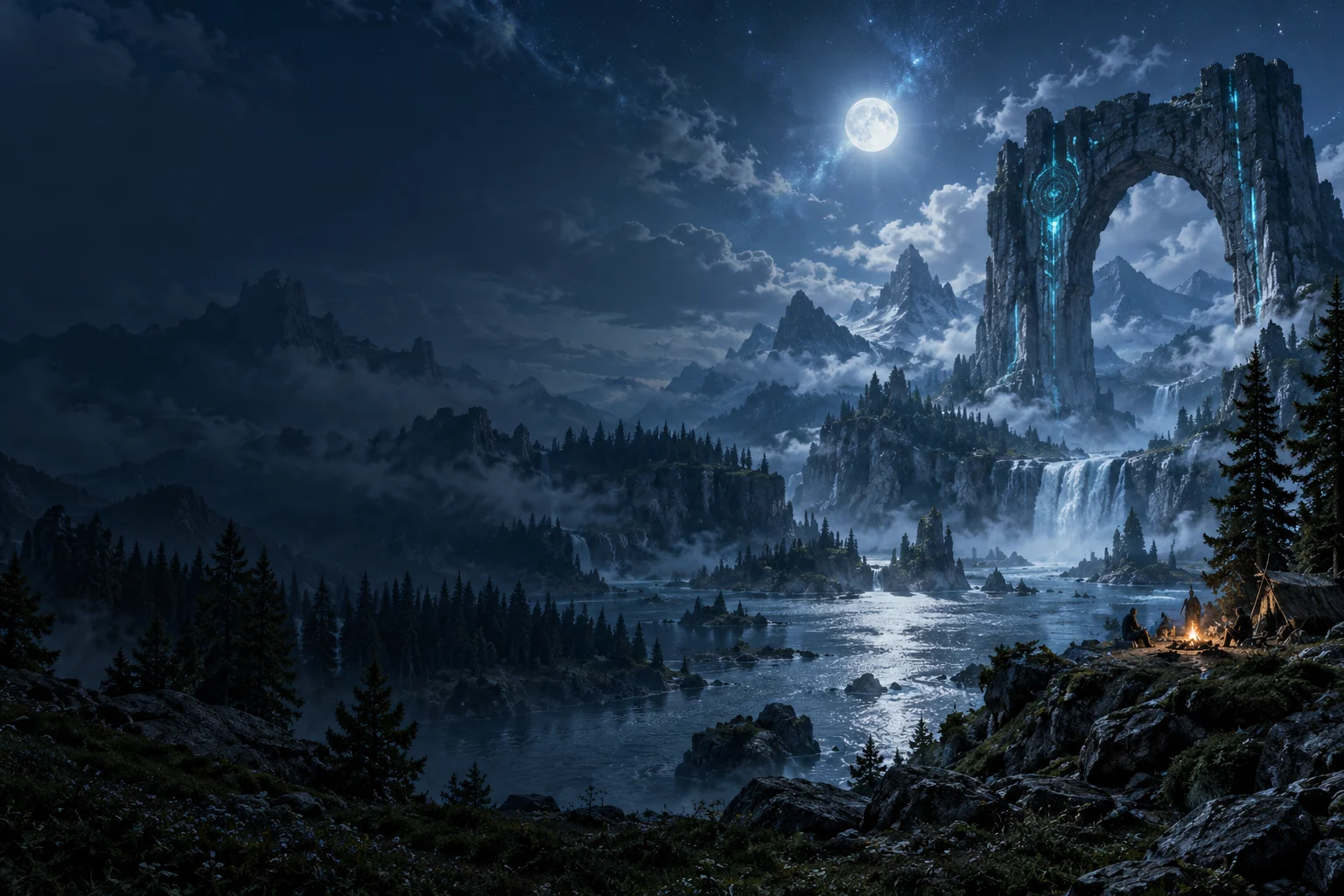 Original concept art: moonlit wilderness with an ancient illuminated arch